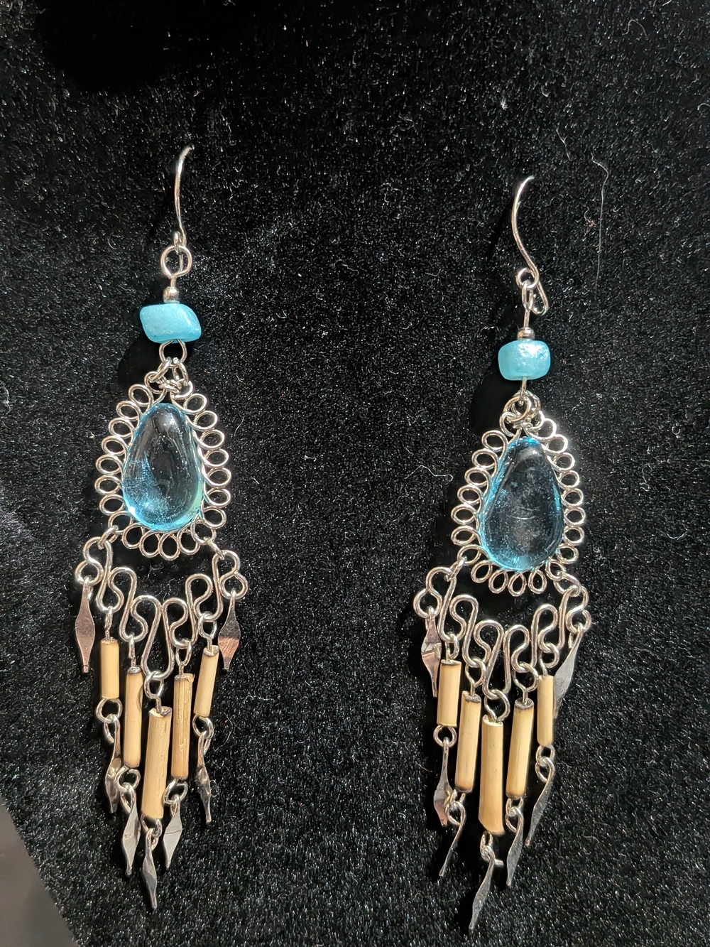Turquoise Glass Teardrop Chandelier Earrings - Handmade
